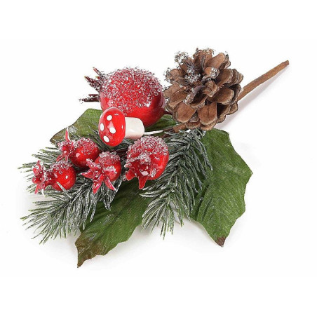 Composizione decorativa con pigna bacche rosse e funghetti