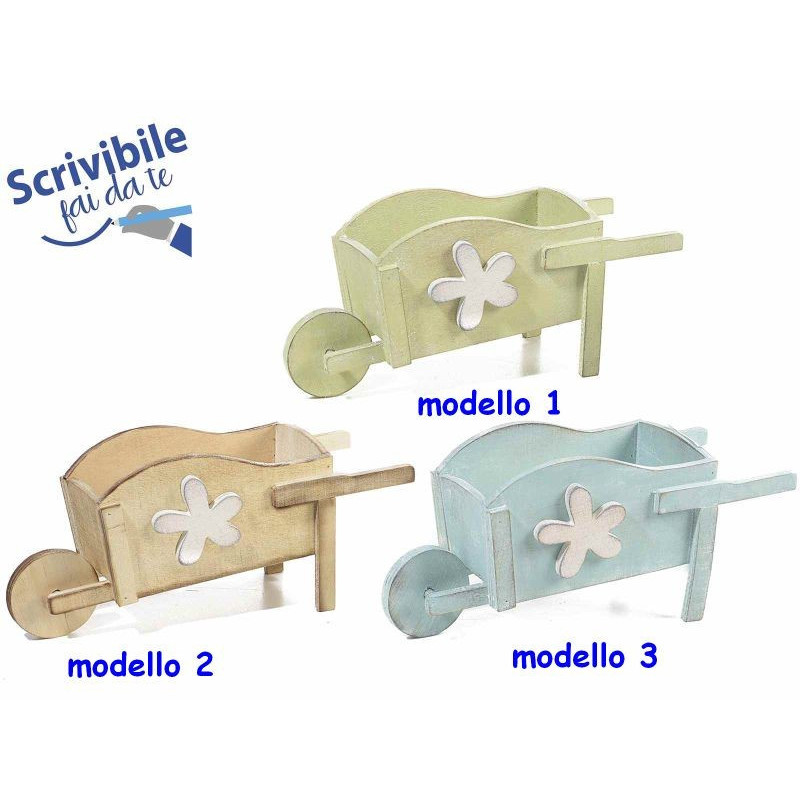 Carriola decorativa in legno colorato con fiore modello a scelta
