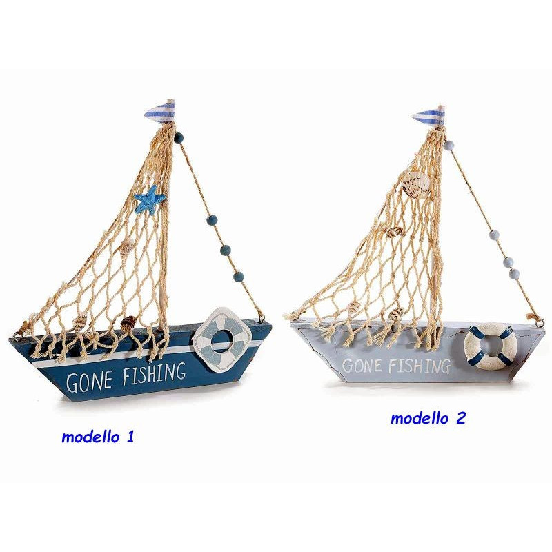 Barca in legno con rete da pesca e decori salvagente modello a scelta
