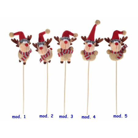 Renna peluche con sciarpa e cappello natalizio su stick legno modello a scelta