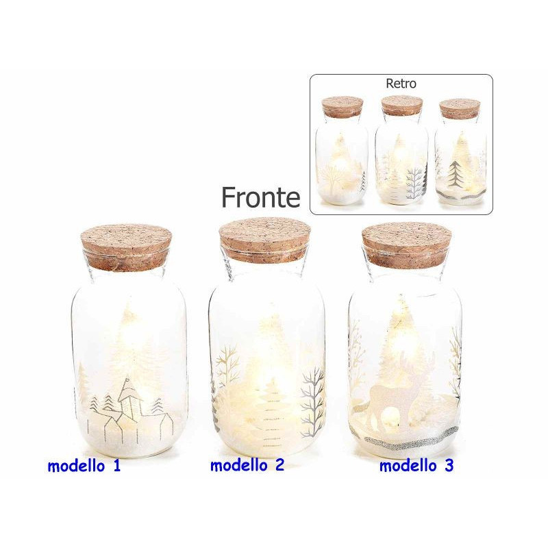 Barattolo vetro decorato con glitter, albero luce led e neve modello a scelta