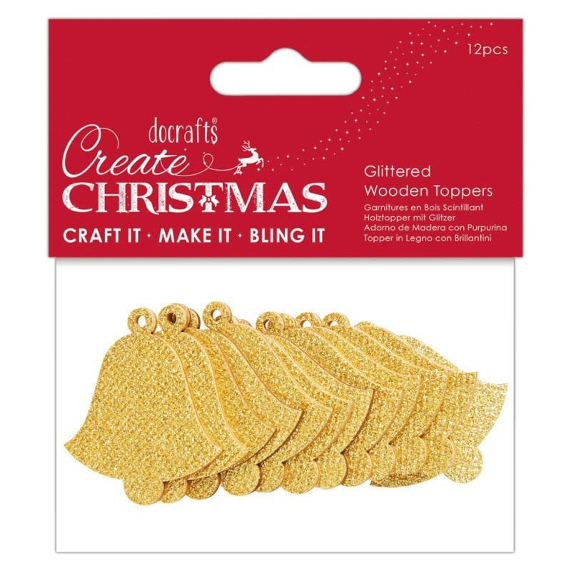 GLITTERED WOODEN TOPPERS (12PCS) - CREATE CHRISTMAS - BELLS
