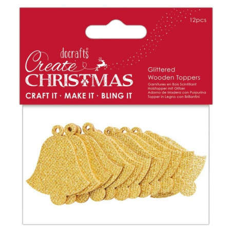 GLITTERED WOODEN TOPPERS (12PCS) - CREATE CHRISTMAS - BELLS